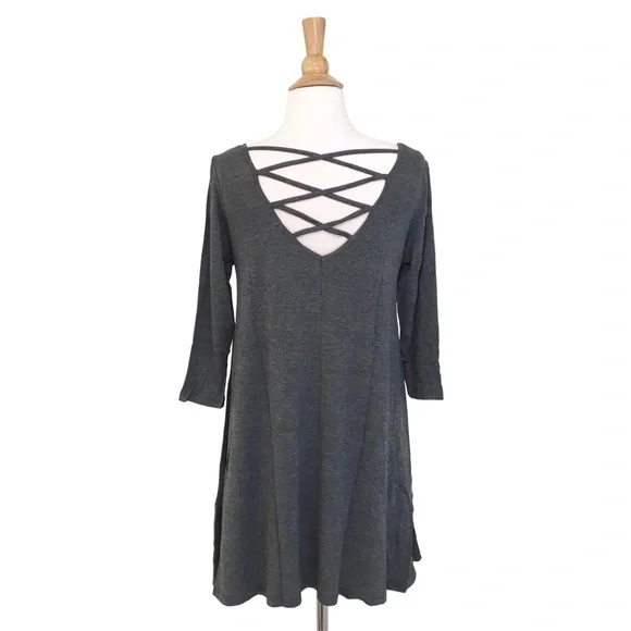 Strappy Open Back 3/4 Sleeve Tunic Dress Heather Grey - Picture 3 of 3